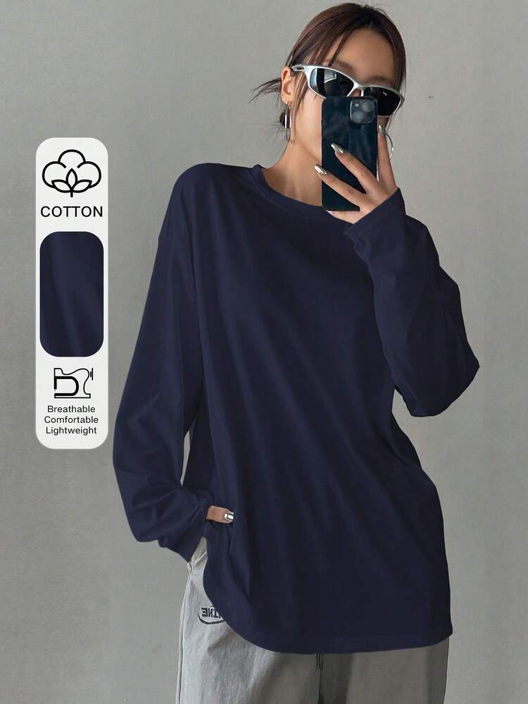 Solid Color Round Neck Loose Long Sleeve Women's T-Shirt, Long-Length,Fall Clothes