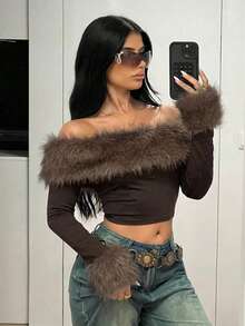 SHEIN ICON Chic Women's Off Shoulder Long Sleeve Crop Top In Rust Brown Knitted Fabric With Contrast Faux Fur - Rust Brown - View 3