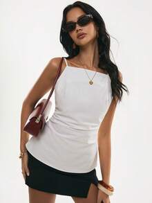 Poéselle 女士休闲性感度假风纯色露背扭结褶皱腰部吊带背心，夏季 - 白色 - 查看 2