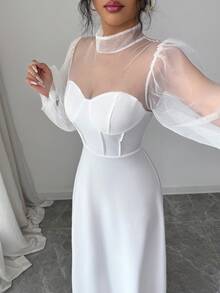 SHEIN Elenzya Đầm dài tay cổ cao dáng chữ A thanh lịch, lãng mạn, chất liệu lưới, thiết kế tối giản tinh tế, thích hợp cho các bữa tiệc và đám cưới. - trắng - Xem 6