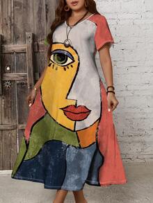 EMERY ROSE Vintage Style Summer Women's Plus Size Slim Fit Long Casual Dress With Colorblocked Human Face Print,Vacation/Spring - Multicolor - View 3
