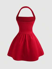 SHEIN 少女休闲优雅红色针织吊带修身荷叶边A字连衣裙，适合情人节、万圣节、派对、返校季穿着，带串珠装饰 - 紅色 - 查看 2