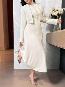 Modelyn 女士3D立体花卉装饰长袖外套和无袖连衣裙优雅两件套 - 黃色 - 查看 3