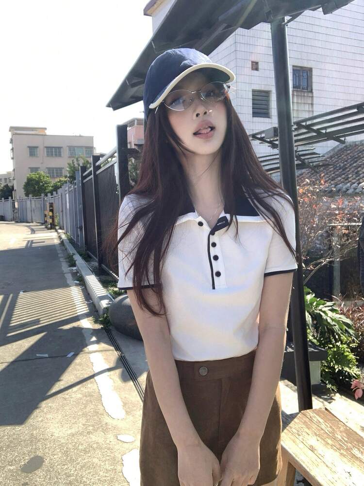 Women's White & Navy Contrast Color Polo Collar Short Sleeve T-Shirt, Slim Fit Casual Top For Summer