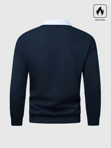 Manfinity Homme 宽松男士撞色领 Polo 衫长袖 Polo 衫橄榄球衫 Polo 衫橄榄球长袖男士秋冬装 - 藏蓝色 - 查看 5