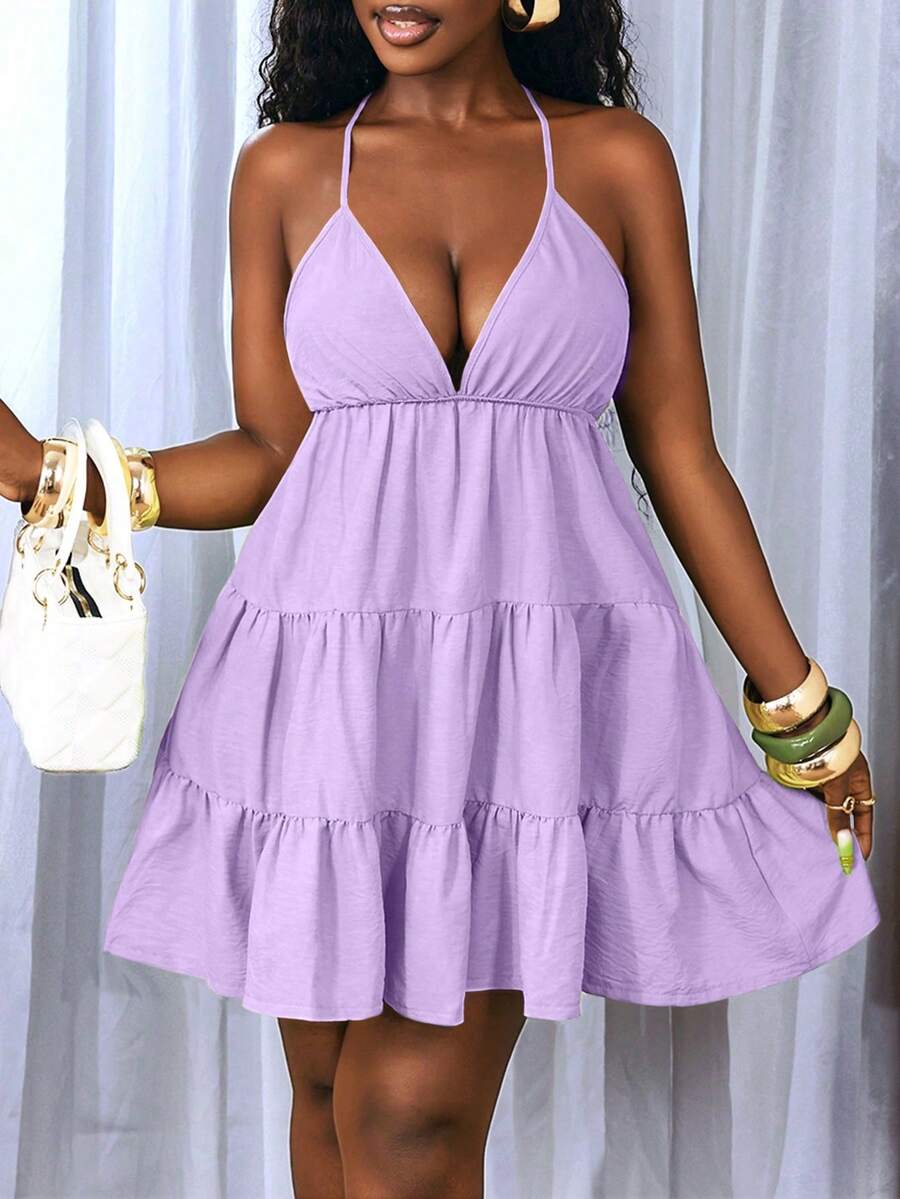 BamGleam Women's Solid Color Minimalist Casual Backless Tie Strap Dress - Mauve Purple - View 1