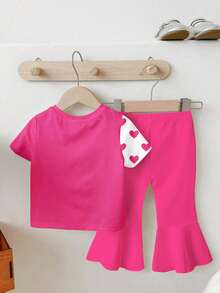 一套女婴可爱兔耳豹纹爱心图案圆领短袖T恤和针织喇叭裤套装 - 彩色 - 查看 2