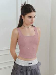 SHEIN MOD 优雅方领水钻装饰粉色吊带背心，夏季 - 粉色 - 查看 4