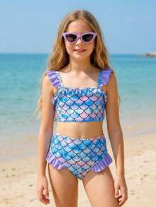 SHEIN Tween Girl Casual Beach Mermaid Scale Print Flounce Sleeve Tankini Swimsuit Set - Mauve Purple - View 4