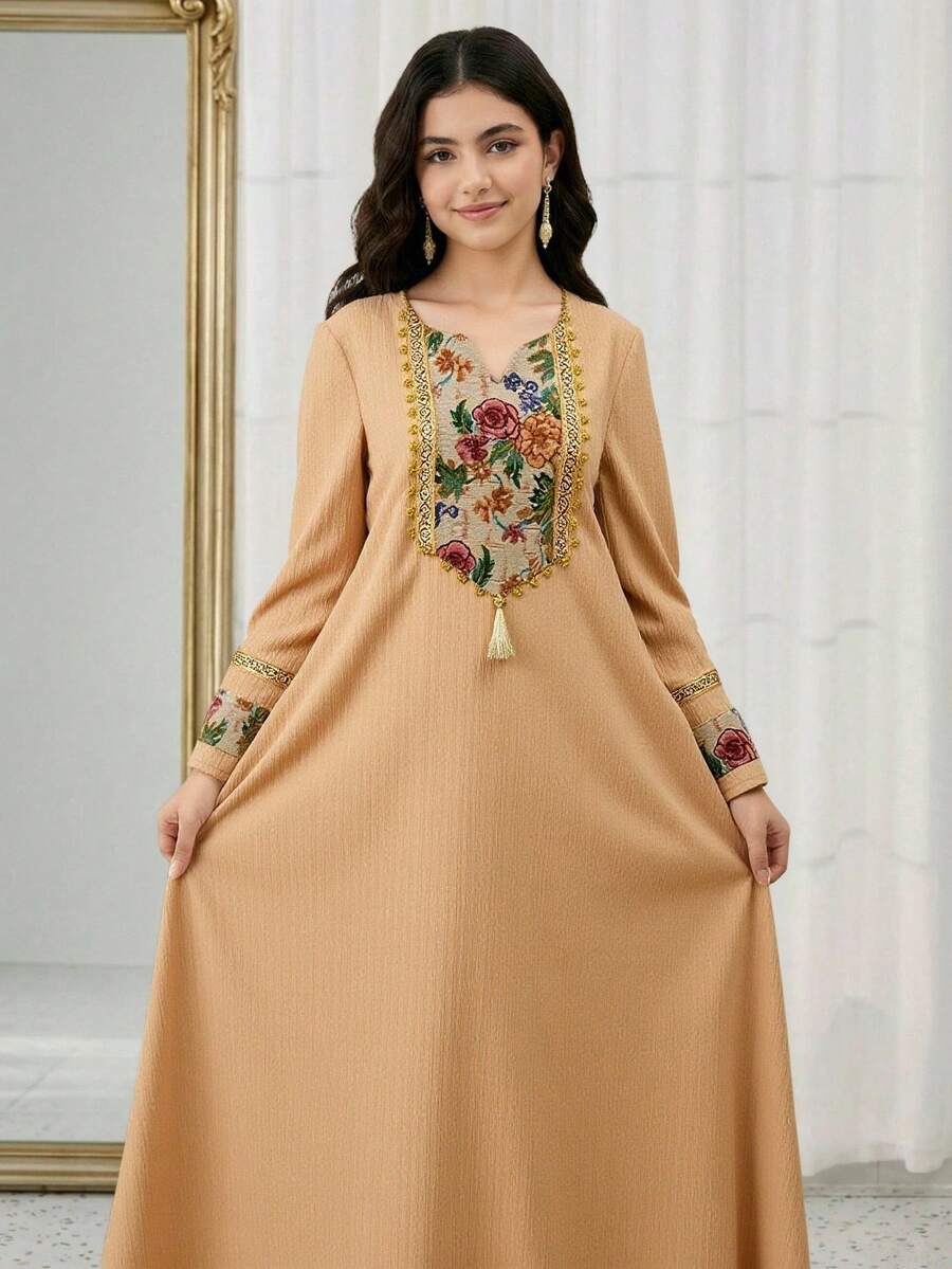 少女碎花流苏装饰V领优雅长袖连衣裙 - 杏色 - 查看 1