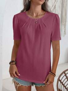 SHEIN LUNE Áo kiểu nữ cổ tròn tay ngắn phồng màu trơn dáng rộng thoải mái - Màu Hồng Tươi - Xem 5