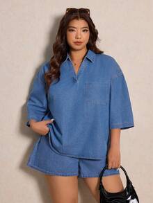 Elaquor 大码牛仔短袖上衣和短裤两件套 - 中等水洗藍 - 查看 5