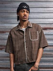 AXEPEAK Men's Plaid Collar Pocket Single-Breasted Casual Versatile Commuting Short Sleeve Shirt - Coffee Brown - View 3