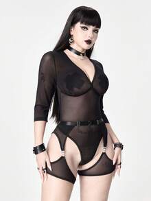 ROMWE Goth 女士哥特式网纱V领无袖连体裤套装 - 黑色 - 查看 6