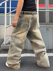 Manfinity EMRG Quần jeans nam phong cách đường phố cổ điển, dáng rộng, ống thẳng, in chữ graffiti và họa tiết rách. - Màu xanh lam - Xem 6