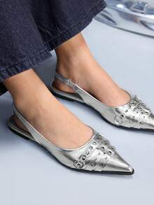 CUCCOO GRLICON Zapatos de mula de cuero metalizado plateado con remaches + hebilla de cinturón, estilo europeo y americano - Plateado - Ver 1