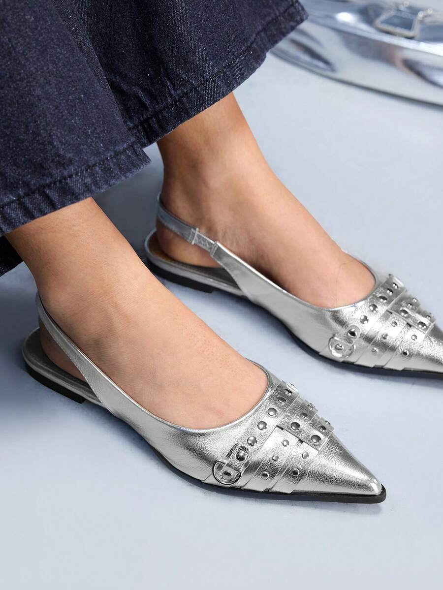 CUCCOO GRLICON Zapatos de mula de cuero metalizado plateado con remaches + hebilla de cinturón, estilo europeo y americano - Plateado - Ver 1