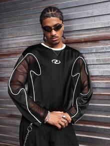 AXEPEAK 男士几何印花圆领休闲宽松长袖T恤 - 黑色 - 查看 4