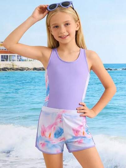 1 pieza Traje de baño de una pieza morado y colorido para niñas preadolescentes, conjunto de 2 piezas, traje de baño cómodo y elástico para niñas preadolescentes