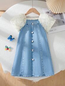 SHEIN Elladie kids 女童优雅蝴蝶结装饰连衣裙，白色和蓝色，休闲户外度假沙滩裙 - 藍色 - 查看 4
