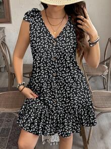 SHEIN LUNE Gaun Tanpa Lengan Kancing Bahu Ikat Kasual Motif Bunga Kecil untuk Wanita Ukuran Besar, Cocok untuk Musim Panas dan Musim Semi - MultiWarna - View 4