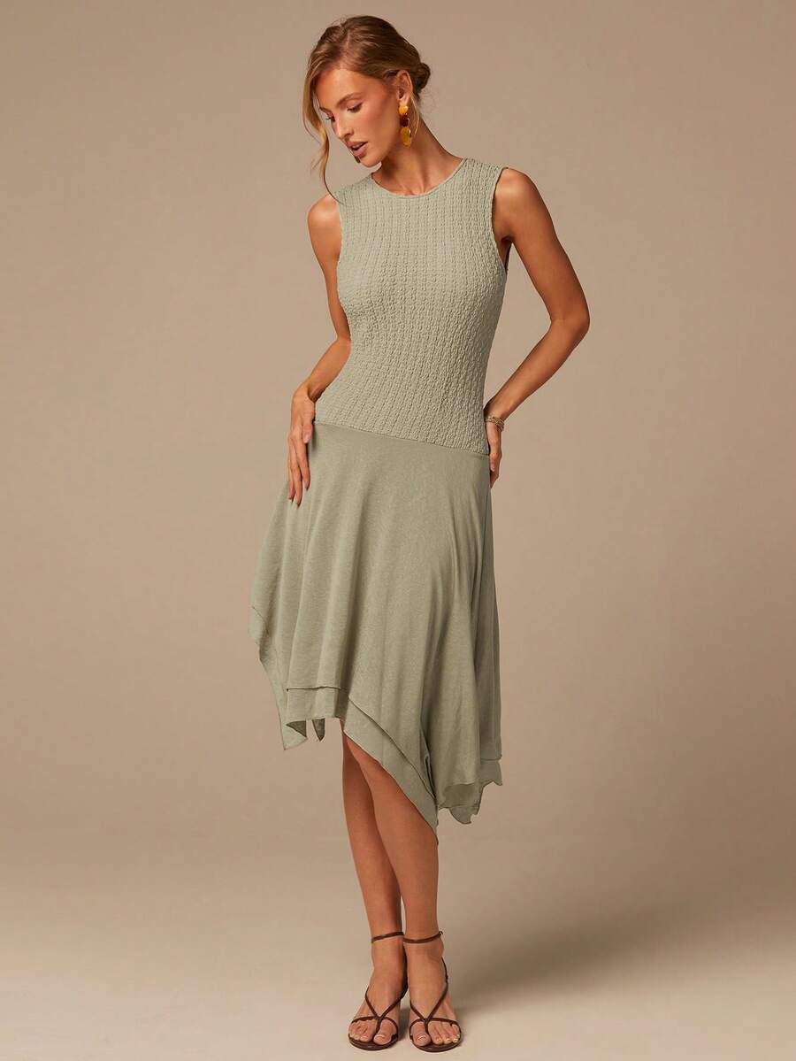 COSMINA Elegant Sage Green Summer Tea Party Dress,Sleeveless Round Neck Double-Layer Asymmetrical Hem Knitted Stretchy Textured Material Vacation Outing - Green - View 1