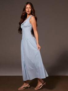 Athîral 女士格子单排扣无袖束腰优雅连衣裙 - 藍白色 - 查看 5