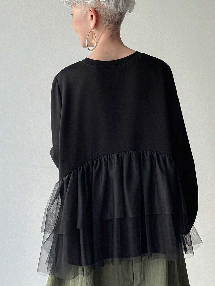 FRIFUL Women's Solid Color Mesh Patchwork Sheer Layered Loose Casual Versatile T-Shirt - Black - View 1