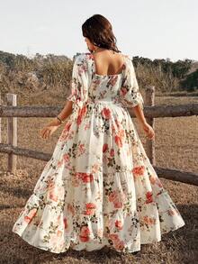 Ceyna Chic Plus Size Boho Long Dress Multicolor Random Floral Print Square Neck Half Puff Sleeve Flounce Hem - Multicolor - View 3
