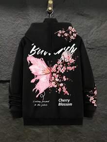 Manfinity EMRG Men's Street Style Butterfly & Pink Sakura Flower Print Hoodie - Black - View 6