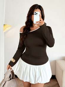 Easura Plus Size Women's Elegant Colorblock Oblique Shoulder Cinched Waist A-Line Patchwork Top, Early Spring - Brown - View 5