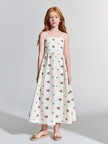 Ontre Ärmlös A-linjeformad midiklänning för tweenflicka, blommigt tryck, aprikosfärgad - Aprikos - Visa 3