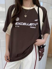 DAZY Áo thun tay ngắn cổ tròn in chữ màu tương phản dành cho nữ Áo thun EXCELLENT BETTER PROSPECT mùa hè - màu nâu - Xem 4