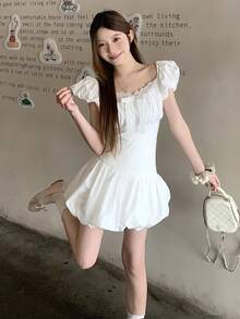 DAZY 女士V领纯色蕾丝拼接韩版泡泡袖中长连衣裙夏季 - 白色 - 查看 3