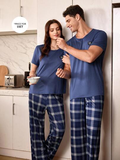 SHEIN Solid Color Minimalist Crew Neck Short Sleeve Top With Label Design, Plaid Print Pants Men's Pajama Set Couple Matching Pajamas Set Men Pjs Set
