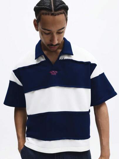 SUMWON 男士横条纹短袖 Polo 衫，翻领设计，经典休闲橄榄球风格上衣