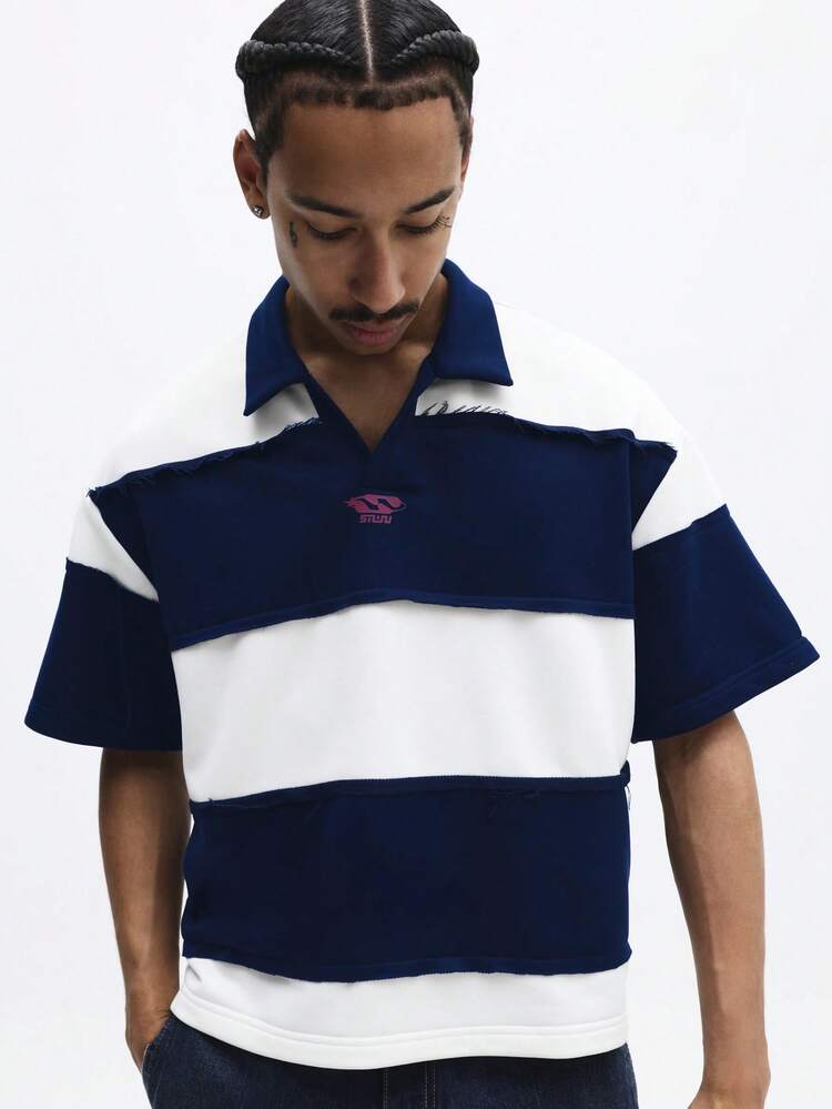 SUMWON Men's Horizontal Striped Short Sleeve Polo Shirt With Collared Neckline Classic Casual Rugby Style Top