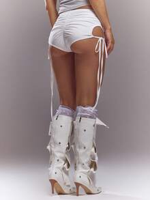 MUSERA Ruched Front Tie Side Fitted Hotpants Shorts Spring Summer Cute Sexy Streetwear Night Out Ballet Sleeze - White - View 5