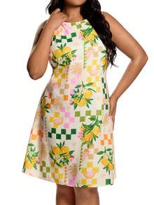 SHEIN Unity 大码女式水果印花圆领休闲无袖连衣裙 - 黃色 - 查看 4