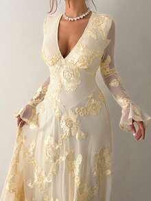 RiviMae 女士优雅印花长袖V领连衣裙，浅黄色 - 淡黃色 - 查看 5