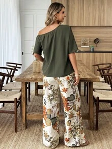 SHEIN PETITE 女士树叶印花不对称肩部上衣和直筒裤两件套休闲度假套装，春夏款 - 彩色 - 查看 2