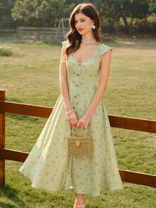 Vintamour Vintage Classic Elegant Floral Print Fit & Flare Dress With Wide Straps, Flared Hem And Buttons, Green Dress For Women, Spring/Summer - Gray green - View 3