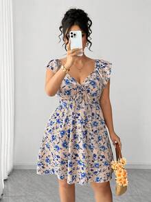 Elenzga Robe maxi grande taille pour femmes beige à imprimé floral discret, manches volantées, nouée devant, col en dentelle ajourée, style bohème, élégante pour vacances d'été, vacances et invitée de mariage - Bleu azur - Voir 4