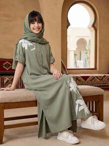 Teens/Teen Girl Casual Vacation V-Neck Button-Up Loose Dropped Shoulder Large Floral Lily Print Turnover Mid-Sleeve Maxi Woven Dress, Gray-Green - Green - View 2