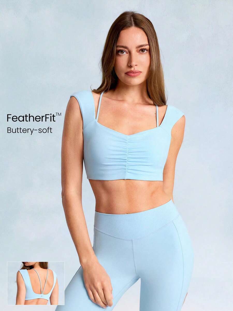 GLOWMODE FeatherFit™ Flex And Flow 二合一超柔软弹力宽肩带全腋下包覆聚拢运动文胸，适合低强度瑜伽、普拉提、健身房、日常休闲穿着，可拆卸胸垫 - 藍色 - 查看 1