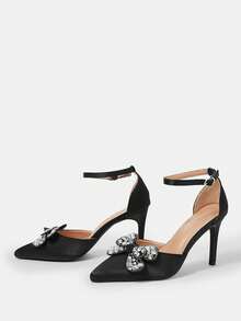 CUCCOO HITCHD Zapatos de tacón alto elegantes y de moda para fiesta con decoración de lazo de strass para mujer - Negro - Ver 9