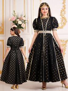 SHEIN Teen Girl Summer New Thin Hot Stamping Polka Dot Short Sleeved Elegant Vacation Waist Cinching High-End Feeling Retro Dress Showing Ladylike Medium Long Skirt - Black - View 4