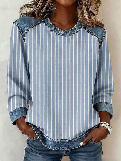 EMERY ROSE Women's Striped Denim Patchwork Round Neck Long Sleeve T-Shirt