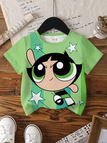THE POWERPUFF GIRLS X SHEIN Young Girl Blossom, Bubbles, Buttercup Pattern Round Neck Short Sleeve T-Shirt - Multicolor - View 15