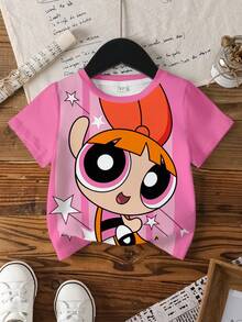 THE POWERPUFF GIRLS X SHEIN Young Girl Blossom, Bubbles, Buttercup Pattern Round Neck Short Sleeve T-Shirt - Multicolor - View 18